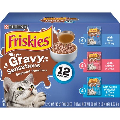 Purina Friskies Gravy Sensations Wet Cat Food Seafood Pouches with Tuna, Salmon & Whitefish - 3oz/12ct Variety Pack