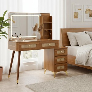 Homy Casa Modern Vanity Table with Mirror & Storage Shelves, Natural Oak - 1 of 4