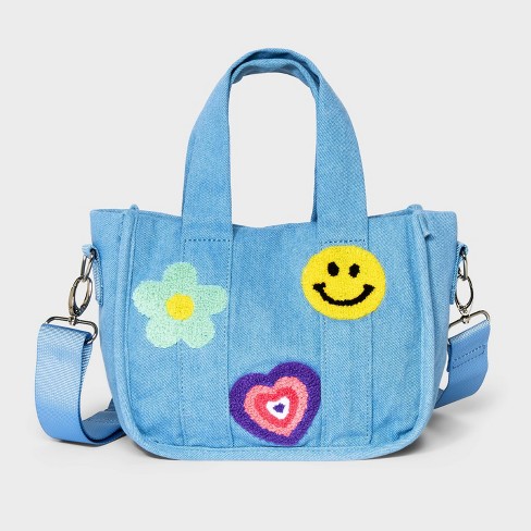 Girls Mini Crossbody Bag Tote with Denim Patches art class Blue