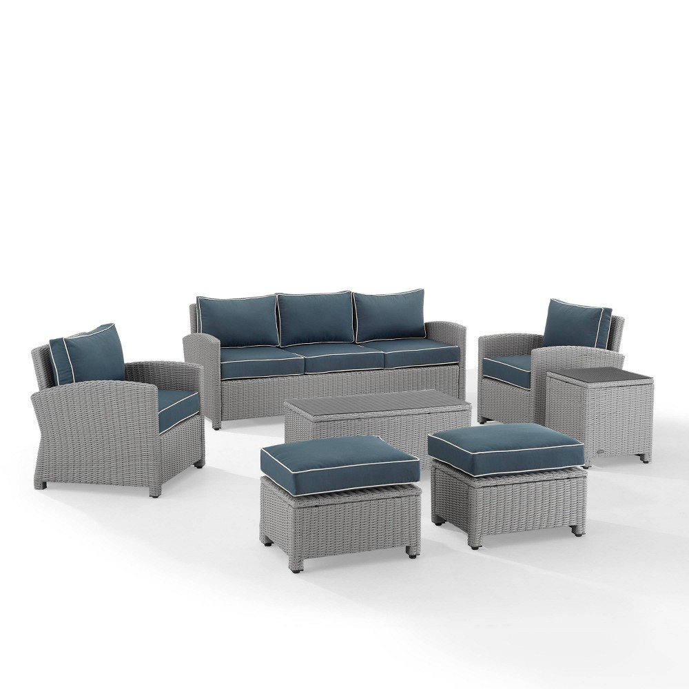Bradenton 7pc Outdoor Wicker Sofa and Arm Chair Seating Set with Coffee Table, Side Table and 2 Ottomans - Navy/Gray - Crosley -  82325888