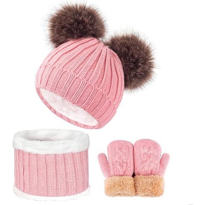 SENPUKI 3 Pcs Kids Winter Knitted Beanie Hat Scarf Gloves Set Warm Soft Thick Fleece Lining for Girls 1-10 Years