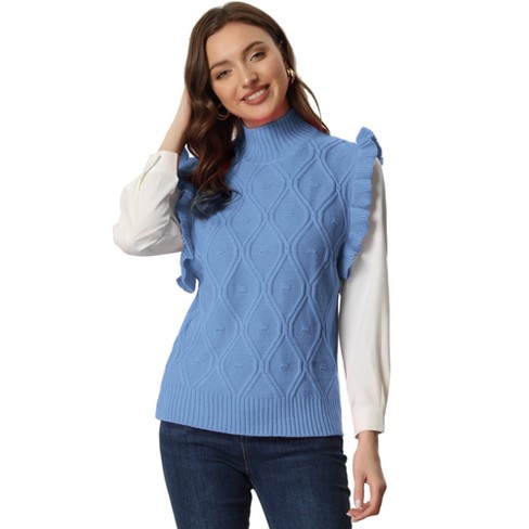 Allegra K Women's Ruffled Sleeve Mock Neck Casual Cable Knit Pullover  Sweater Vest Light Blue L