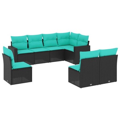 vidaXL 8 Piece Patio Sofa Set with Cushions Black Poly Rattan - Black and Blue Without Table