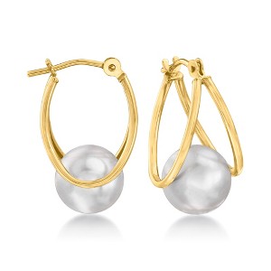 Ross-Simons 8-9mm Gray Cultured Pearl Double-Hoop Earrings in 14kt Yellow Gold - 1 of 3