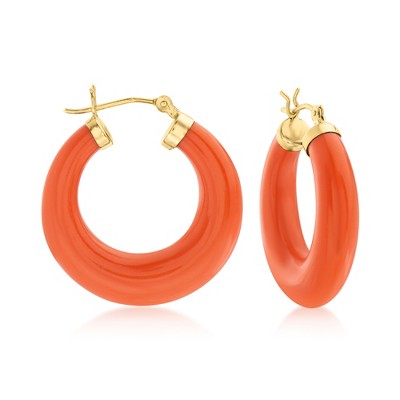 Ross-Simons Simulated Coral Hoop Earrings in 14kt Yellow Gold