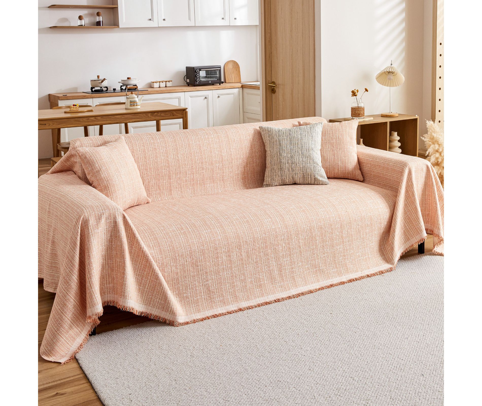 Bekrvio Couch Covers for Pets Washable Tassel Linen-Look Sofa Blanket Slipcover Cat Scratch Proof Couch Protector, 71'' x 71'' Champagne