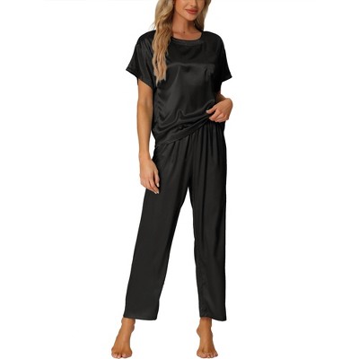 cheibear Women's Satin Summer Short Sleeves Sleepshirt with Pants Lounge Pajamas Sets
