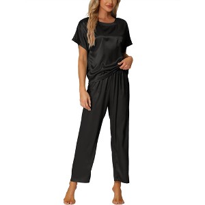 cheibear Women's Satin Summer Short Sleeves Sleepshirt with Pants Lounge Pajamas Sets - 1 of 4