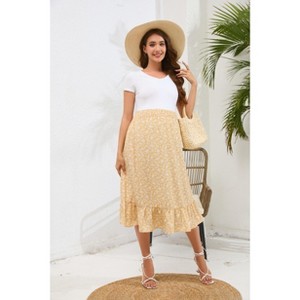 Maternity Skirt Women's High Waist Floral Print Maternity Skirts Ruffled Tiered Casual A Line Swing Boho Skirts - 1 of 1
