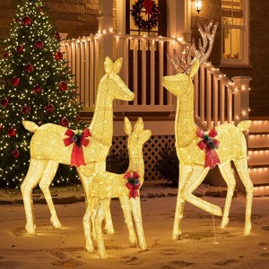 JIONJOY 3-Piece Lighted Christmas Deer Family Set – 5.3Ft Large Standing Reindeer, Holiday Decoration, Gold Fabric, Includes Stakes & Zip Ties - 1 of 4