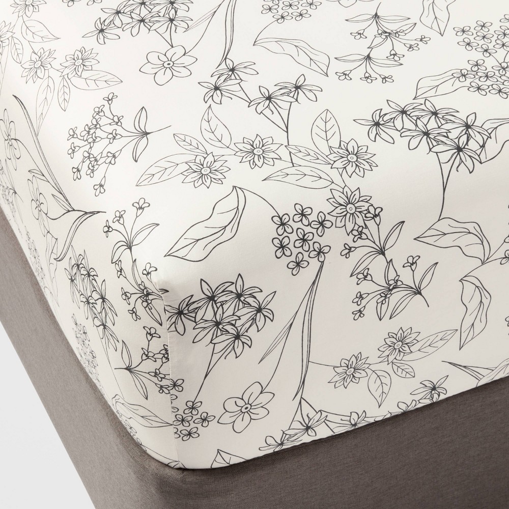 Photos - Bed Linen Queen Cotton Blend Sateen Fitted Sheet Gray Floral - Room Essentials™