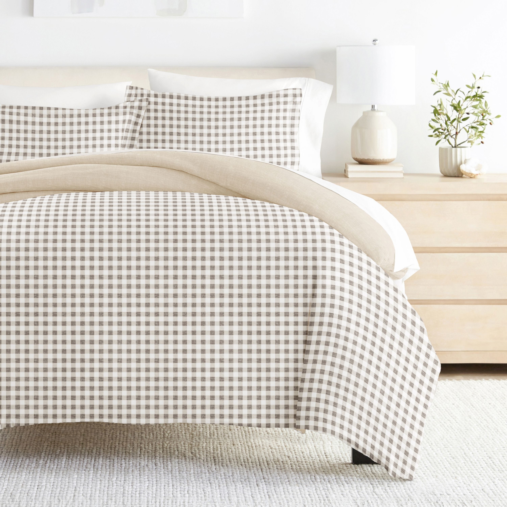 Gingham Check 3PC Duvet Cover Set - Modern Natural Pattern, Zippered Closure, Easy Care - Becky Cameron, Gingham Check Natural, King/California King
