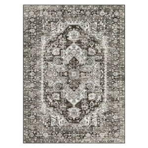 Washable Floral Medallion Living Room Rugs, Distressed Print Retro Accent Bedroom Carpet, Large Low Pile Dining Room Rugs - 1 of 4