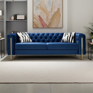 84" Chesterfield Velvet Sofa with Gold Metal Arms - 1 of 4