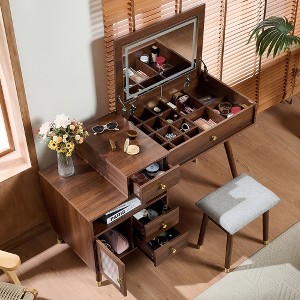 MOEPISY 3-in-1 Vanity Desk with Lighted Flip-Top Mirror and Adjustable Cabinet, Makeup Dressing Table with Stool, Walnut - 1 of 4