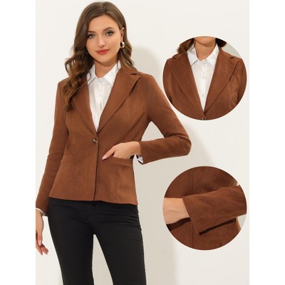 INSPIRE CHIC Women's Lapel Collar Long Sleeve Faux Suede Work Office Blazer 2 Packs Caramel/Coffee Large — фото 2