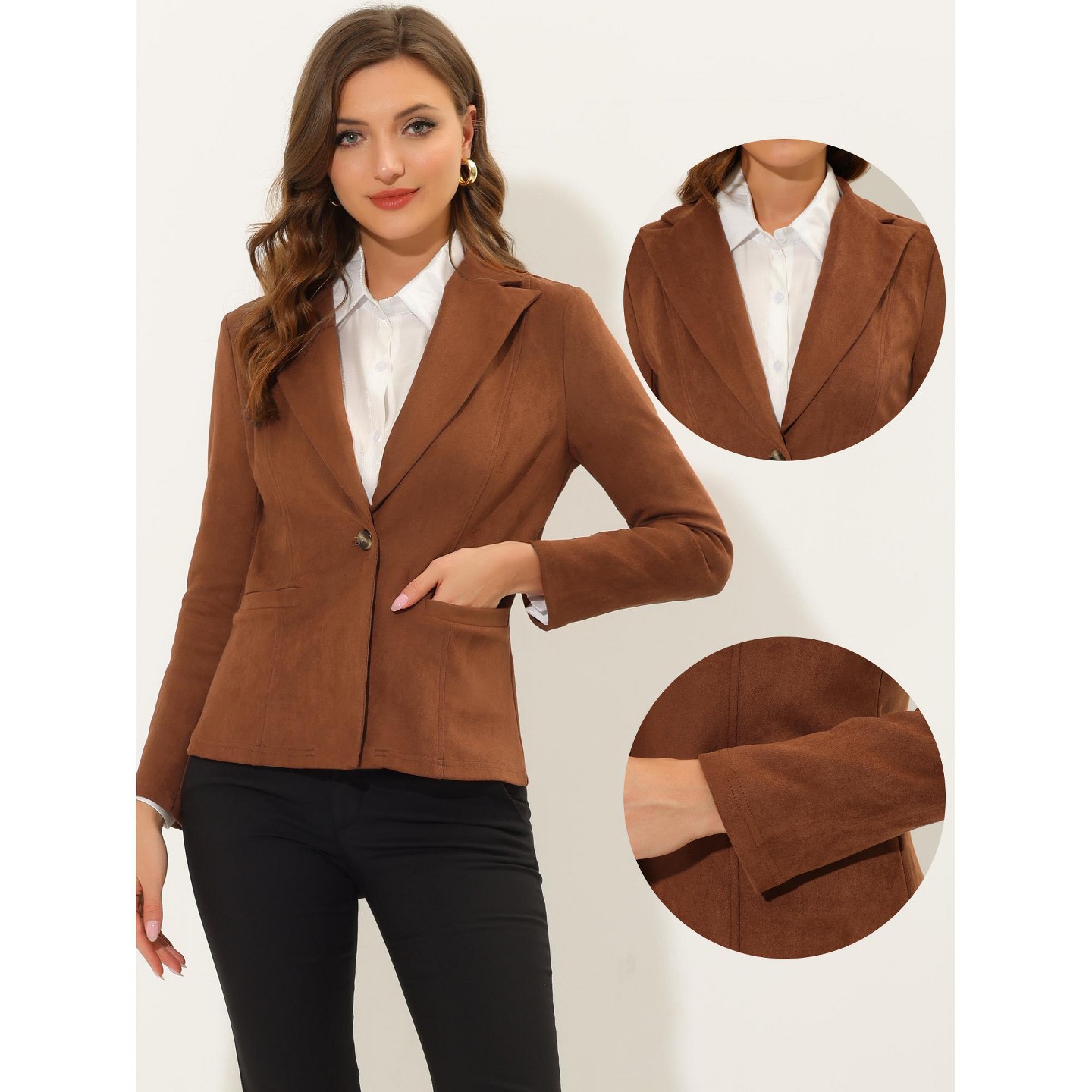 Женский пиджак INSPIRE CHIC Lapel Collar Long Sleeve Faux Suede Work Office Blazer Medium Caramel — фото 2