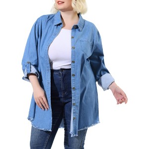 Agnes Orinda Women's Plus Size Chambray Lapel Roll Long Sleeve Button Down Curved Hem Casual Denim Shirts - 1 of 4