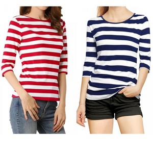 Allegra K Women's Elbow Sleeves Round Neck Slim Fit T-Shirt 2 Packs - 1 of 4