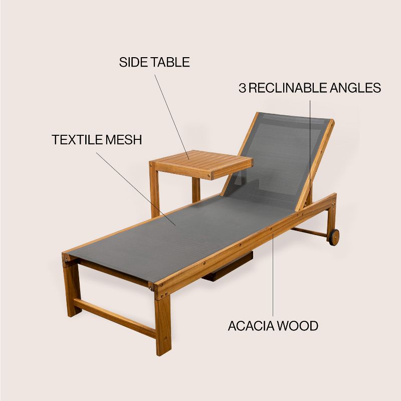 Trabuco Coastal Modern Acacia Wood Mesh 3-Position Outdoor Chaise Lounge Set with Side Table - JONATHAN Y, 6 of 13