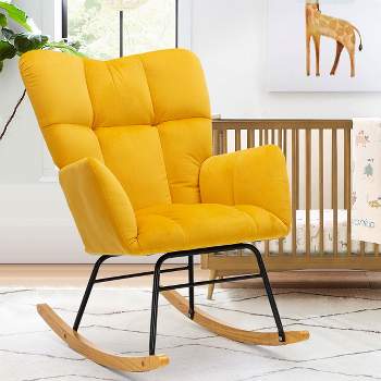 Epping Nursery Rocking Chair,Yellow Velvet Upholstered Glider Rocker Rocking Accent Chair,Wingback Rocking Chairs-Maison Boucle