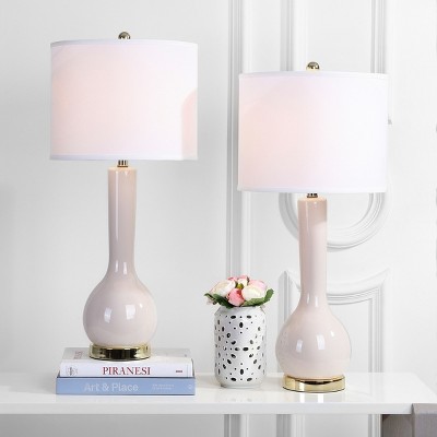 Light Grey Ceramic Long Neck Table Lamp Set with White Cotton Shade