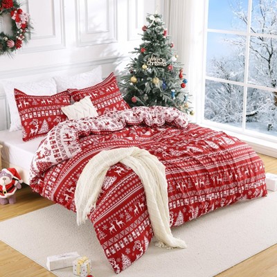 Christmas Duvet Cover Queen Size Set Red Checkered Christmas Tree Printed Xmas Decorations Soft And Breathable Xmas Bedding Set, 90"x90