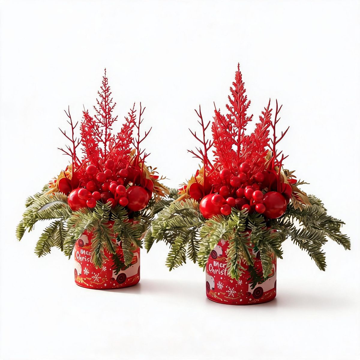 Mini Christmas Trees for Tabletop, Pre-Decorated Artificial Christmas Tree with Red Berries Ornaments, Small Potted Xmas Tree Desk Table Decor, 2 Pcs - thumbnail 4