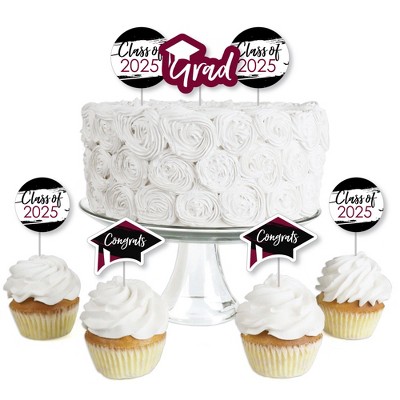 Big Dot of Happiness Maroon 2025 Graduation Party - Dessert Cupcake Toppers - Clear Treat Picks - Set of 24