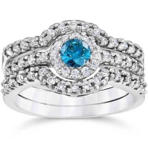 Pompeii3 1 1/10ct Heat Treated Blue Diamond Trio Engagement Guard Ring ...