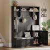 78.7" Tall Hall Tree with Bench and Shoe Storage, Modern Wood Entryway Bench with Coat Rack, 4 Hanging Hooks, 3 Open Compartments for Hallway, Black - 2 of 4