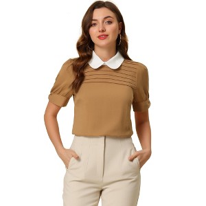 INSPIRE CHIC Women's Vintage Peter Pan Collar Contrast Puff Short Sleeve Blouse - 1 of 4