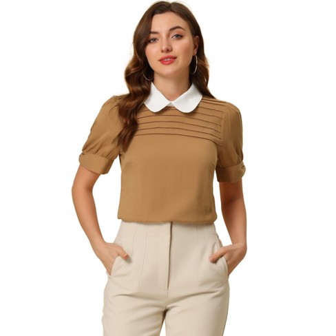 Peter Pan Collar Puff Mesh Short Sleeve Polka Dot Blouse, Allegra K