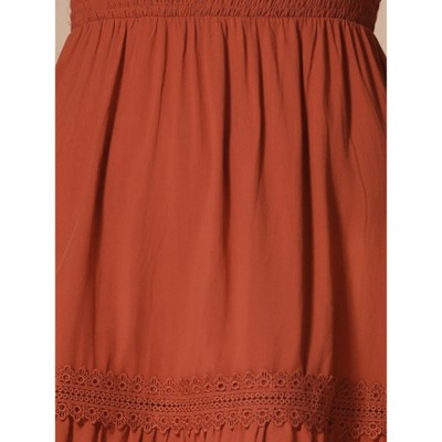 Женские платья INSPIRE CHIC Women's V Neck Smocked Elastic Waist Short Sleeve Boho Crochet Trim Mini Dress Brown Medium — фото 3