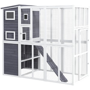 PawHut Outdoor Catio, Cat House Wooden Feral Cat Shelter, Cat Cage with Platforms, Waterproof Asphalt Roof, Ramps - 1 of 4