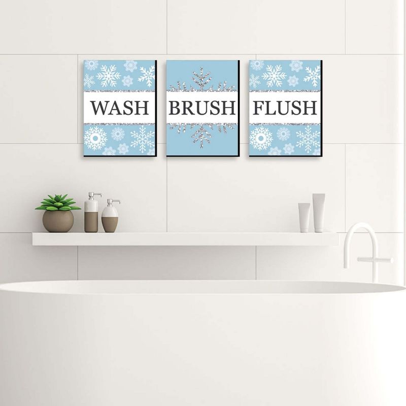 Big Dot of Happiness Winter Wonderland - Snowflake Kids Bathroom Rules Wall Art - 7.5 x 10 inches - Set of 3 Signs - Wash, Brush, Flush, 3 of 8