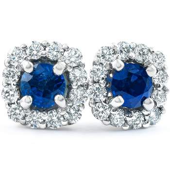 Pompeii3 1 3/8 Ct Genuine Blue Sapphire & Diamond Cushion Halo Studs 14k White Gold