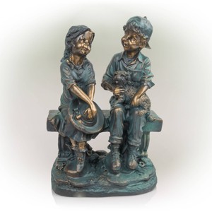 Alpine Corporation 16" Polyresin Girl and Boy with Dog Sitting on Bench Sculpture Bronze: Durable Outdoor Decor, Magnesium Oxide, Rust-Resistant - 1 of 4