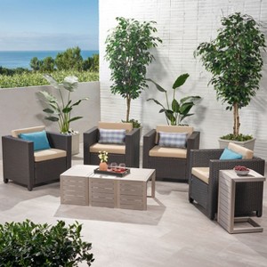 Christopher Knight Home Joanne 8 Piece Patio Set with Rattan Club Chairs and Aluminum C-Shaped Side Tables - 1 of 4