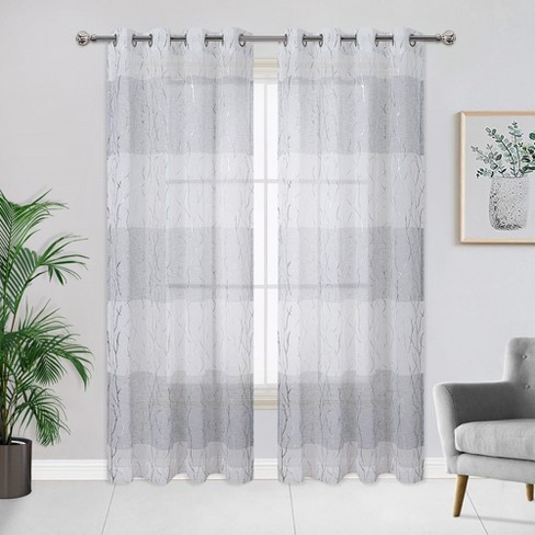 Trinity Silver Tree Branch Pattern Semi Sheer Curtains, 52 X 95