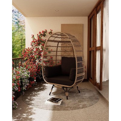 360° Swivel Egg Chair Oversized Patio Rotating Basket Chair Steel Frame and Metal Base Waterproof PE Rattan Lounge Chair for Indoor Black