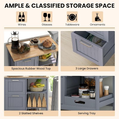 Gray Rubber Wood Kitchen Cart with Storage and Wheels