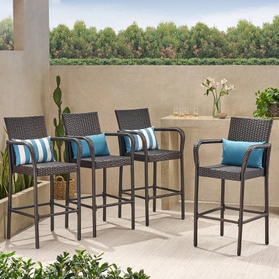 Delfina Outdoor Multibrown Wicker Barstool Set with Armrests, 4-Piece