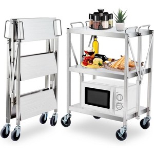 3 Tier Silver Stainless Steel Metal Folding Utility Cart with 4 Wheels, Handles, 400 LB Capacity Kitchen Cart, for Kitchen, Restaurant, Hotel - 1 of 4