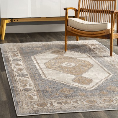 Vintage Beige and Blue Synthetic Rectangular Area Rug