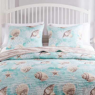 Turquoise Coastal Polyester King Pillow Sham with Conch Shells