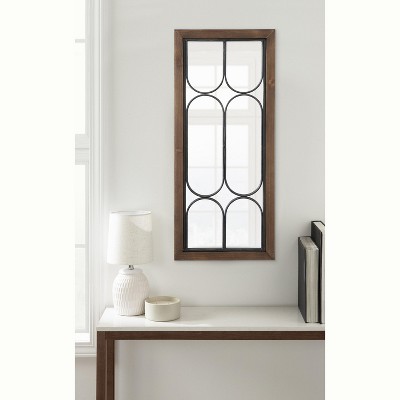Spechett Walnut Brown Rectangular Wall Mirror with Iron Overlay