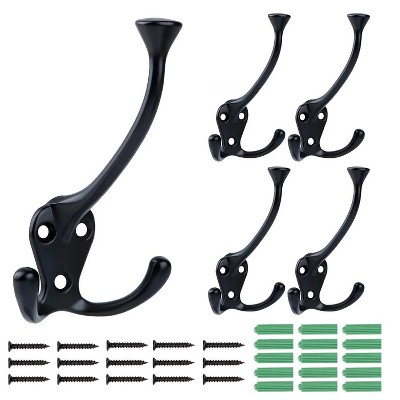LunaLulinlk 5 Pack Big Heavy Duty Three Prongs Coat Hooks Wall Mounted with 15 Screws Retro Double Utility Rustic Hooks (Black)