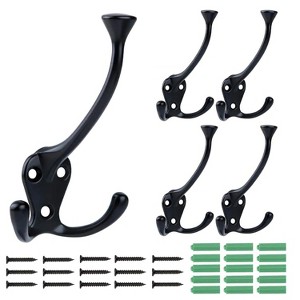 LunaLulinlk 5 Pack Big Heavy Duty Three Prongs Coat Hooks Wall Mounted with 15 Screws Retro Double Utility Rustic Hooks (Black) - 1 of 4