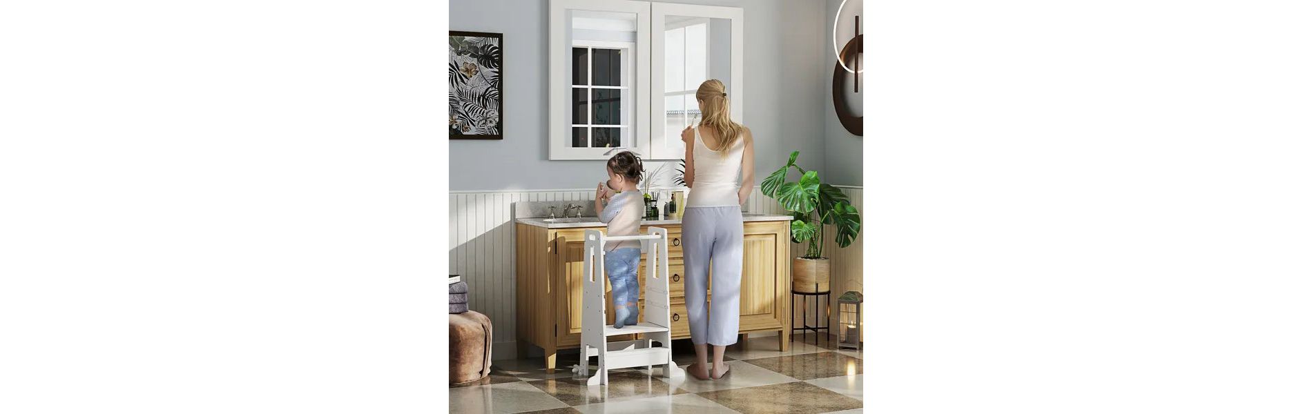 Kids Standing Tower, 2 in 1 Toddler Tower with Safety Rail for Bathroom, Sink, Kitchen or Counter, White